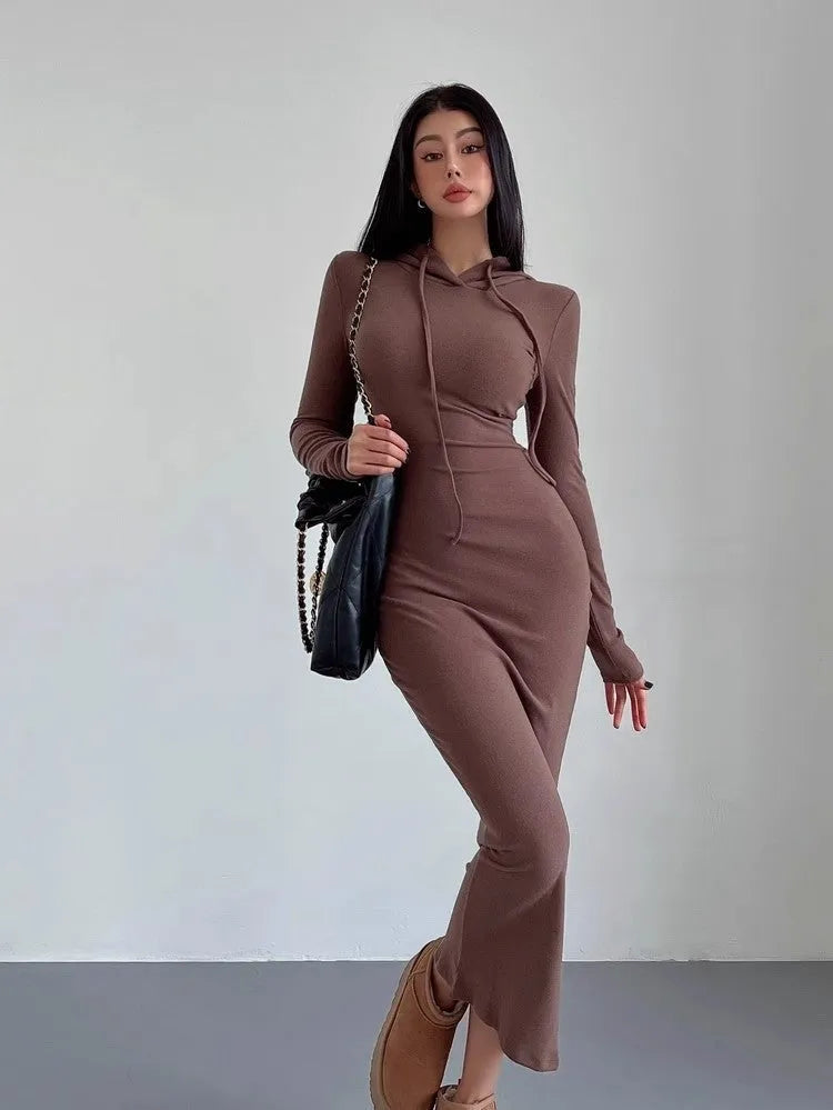 Women's sheath over-the-knee dress with hood and long sleeves in polyester, available in multiple colours