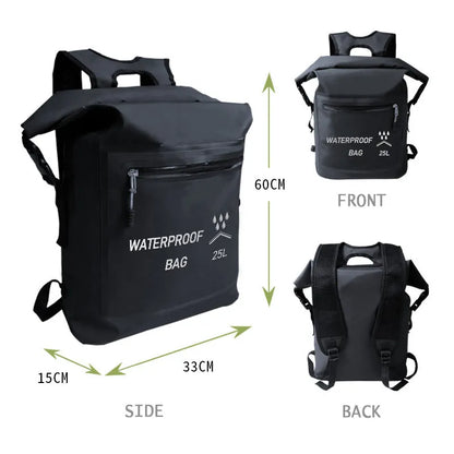 Black 25-litre waterproof backpack for swimming and rafting, showing 500D mesh clips.