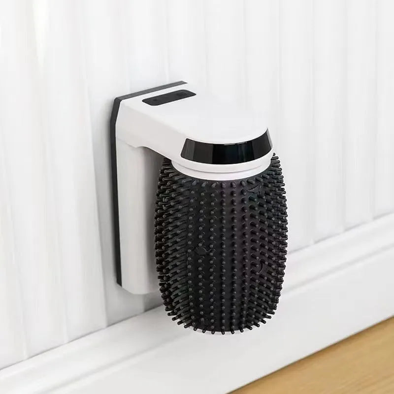 White automatic cat self groomer mounted in corner with soft silicone bristles