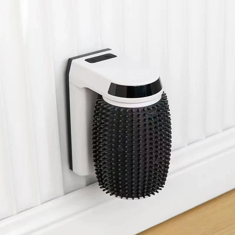 A wall-mounted, self-grooming brush for cats with soft bristles and a compact, white design.