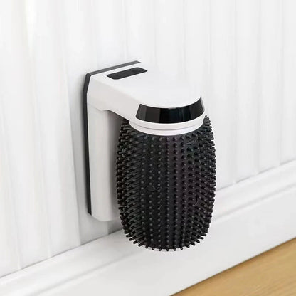 A wall-mounted, self-grooming brush for cats with soft bristles and a compact, white design.