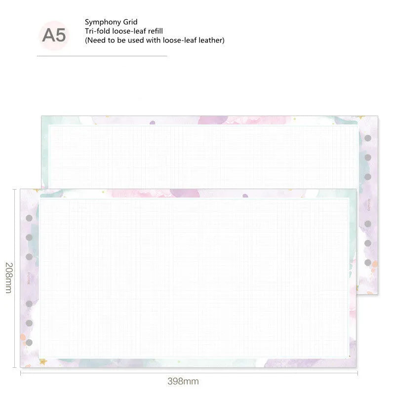 Four options of handbook loose-leaf refills showing floral and symphony designs in A5, A6, and A7 sizes