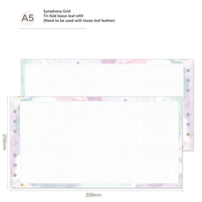 Four options of handbook loose-leaf refills showing floral and symphony designs in A5, A6, and A7 sizes