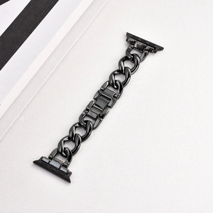 Silver metal link watch strap for Apple Watch with 22mm connectors on a grey background