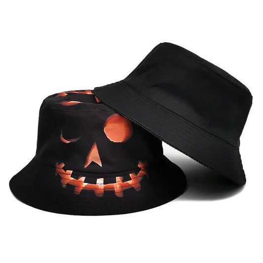 A stylish fisherman hat with a vibrant, digitally printed pumpkin design, perfect for adding a touch of Halloween spirit to any outfit.