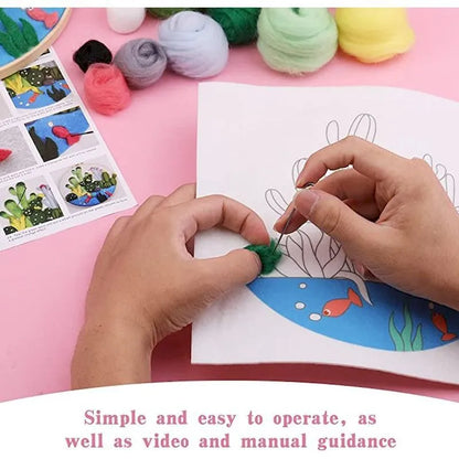 Round fabric embroidery kit with 20x20cm linen frame and wool felt for three-dimensional floral artwork