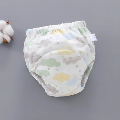 Washable baby training pants with 6-layer gauze construction in assorted patterns including animals and geometric designs