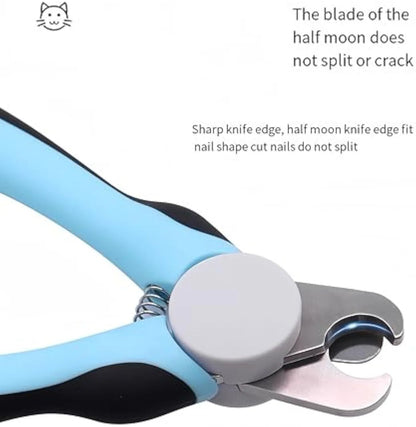 Blue heavy-duty dog nail clippers with a visible safety guard, shown closed on a white background.