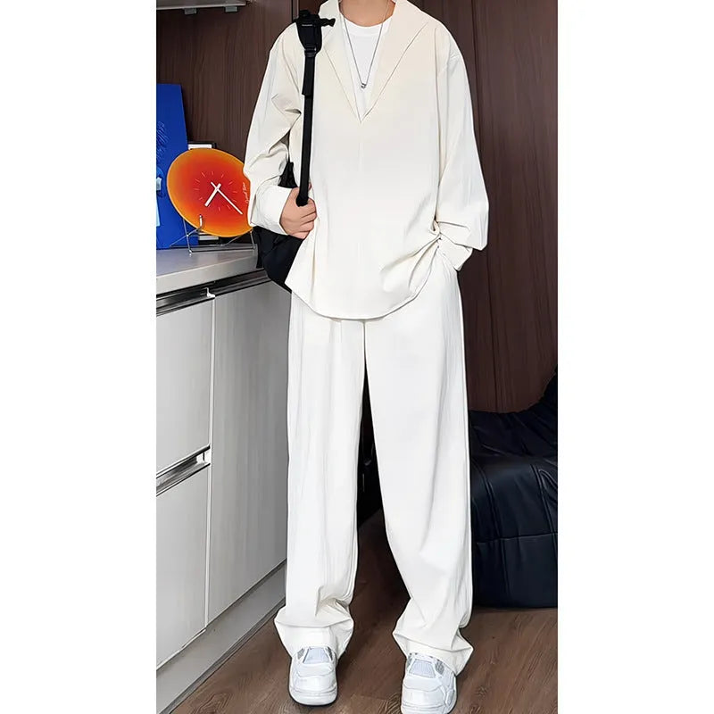 Men's two-piece casual suit with long sleeve polo shirt and trousers in elastic hemp fabric