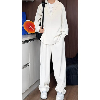 Men's two-piece casual suit with long sleeve polo shirt and trousers in elastic hemp fabric