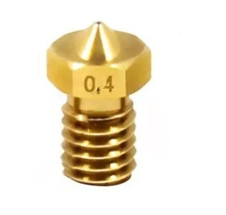 Brass 3D printer nozzle with M6 thread showing different outlet aperture sizes on a white background.