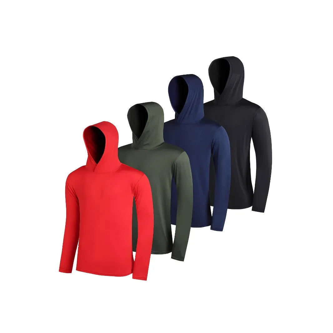 Set of four grey men's lightweight polyester hoodies folded, showing hooded and non-hooded styles.