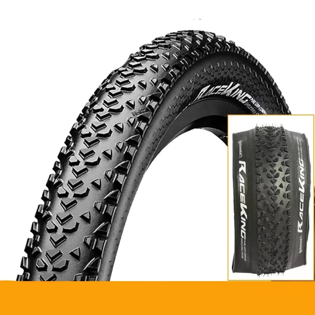 Mountain bike folding outer tyre with yellow sidewall, showing tread pattern and size label