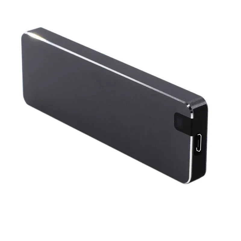 Compact metal-shell mobile hard disk with USB 3.1 connector, shown alongside a USB cable and protective cover.