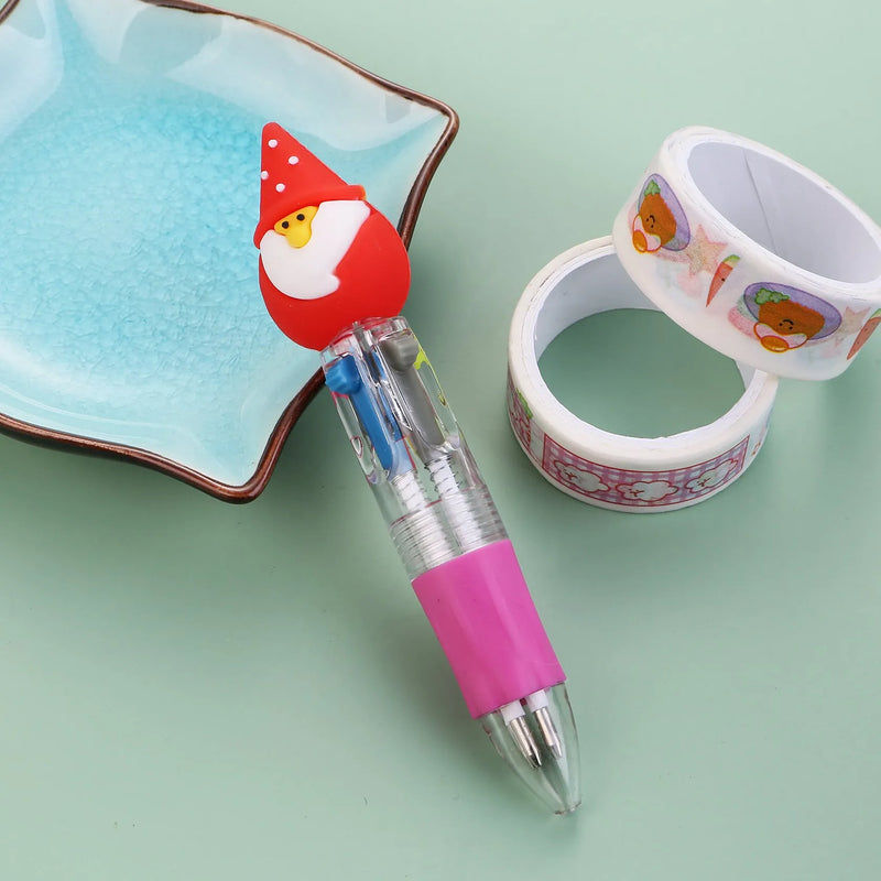 Christmas mini four-colour ballpoint pen with press mechanism, plastic construction, measuring 11cm in length, featuring festive designs including Christmas trees, reindeer, snowmen, and gift motifs for holiday writing and seasonal stationery