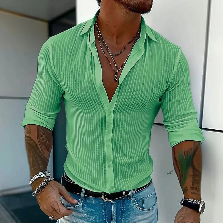 Men's striped British style cardigan shirt in polyester flat mop cloth fabric