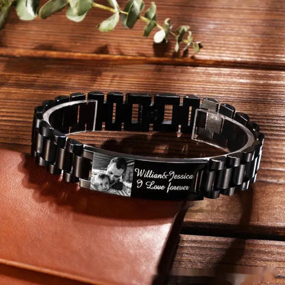 Curved heart-shaped titanium steel bracelet with electroplated lettering, presented in gift box.