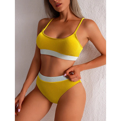 Women's high waist bikini set with push-up top and ribbed design in various colors