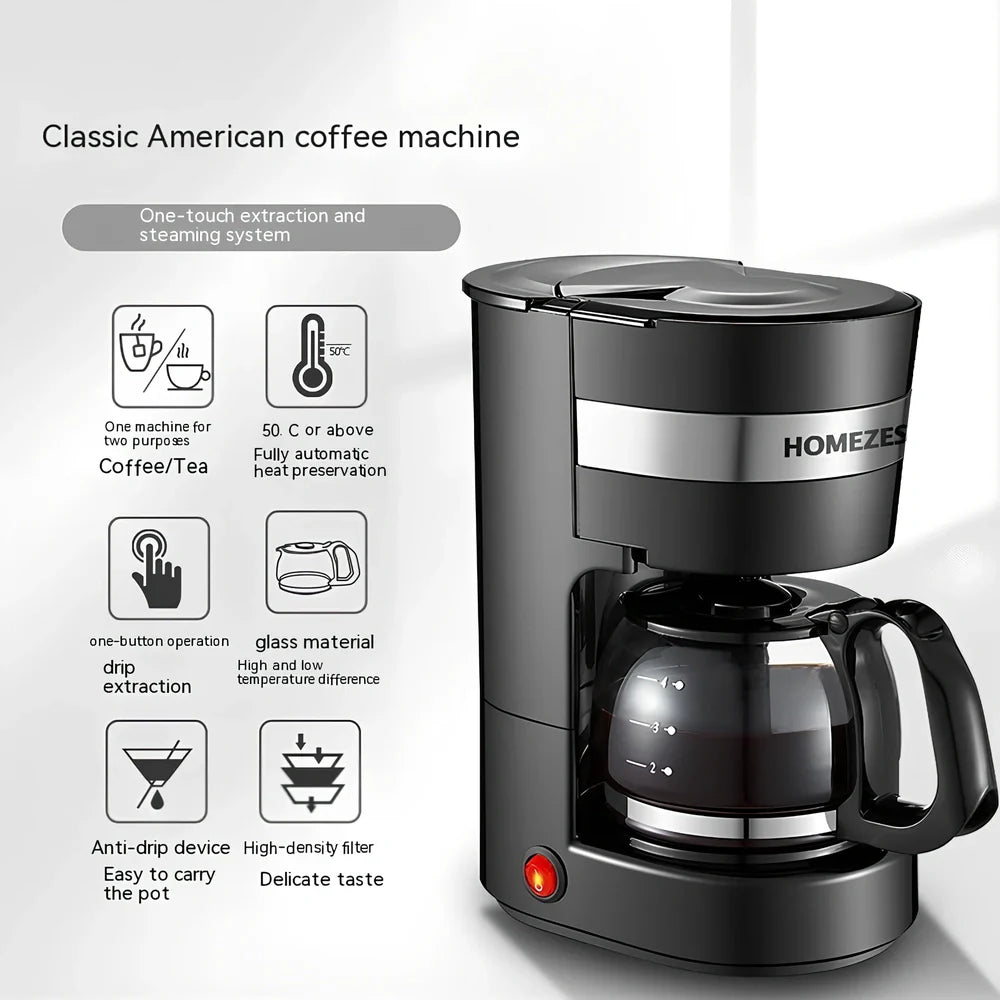 Black automatic drip coffee maker with glass pot, 0.65L capacity for 4-6 cups