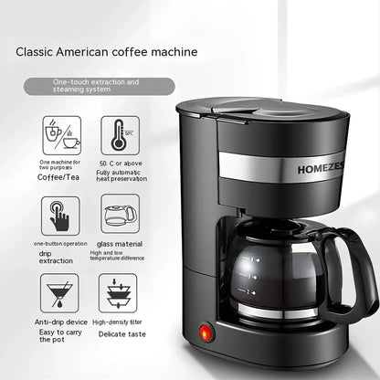 Black automatic drip coffee maker with glass pot, 0.65L capacity for 4-6 cups