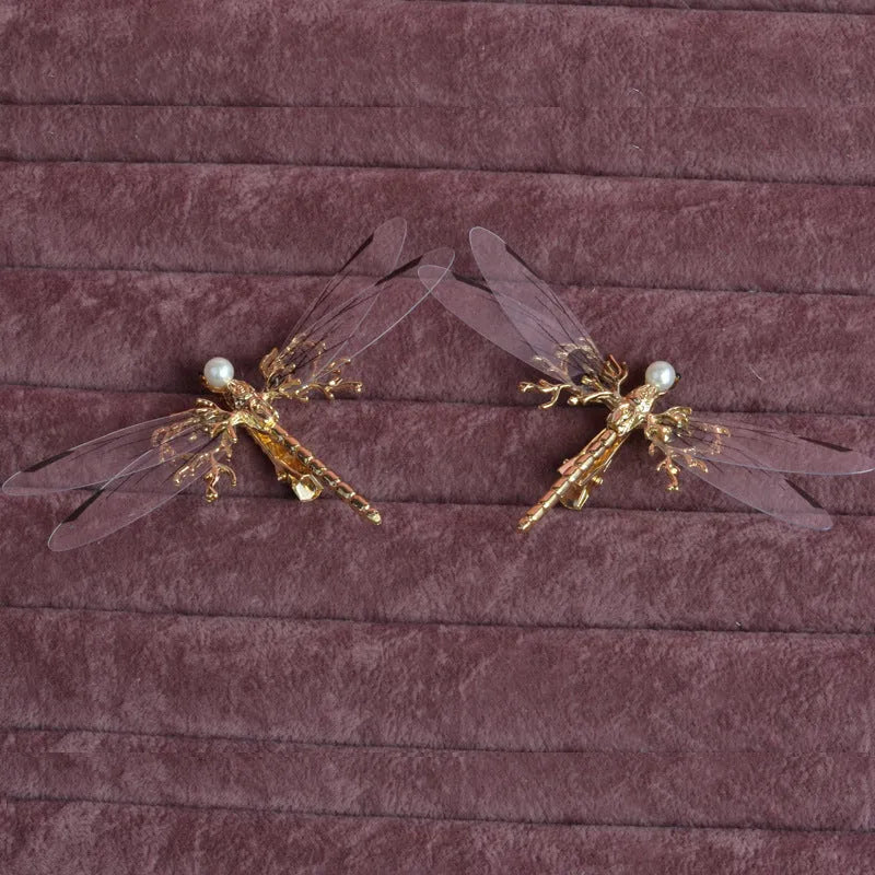 Golden dragonfly side clip headdress with detailed insect design and electroplated alloy construction
