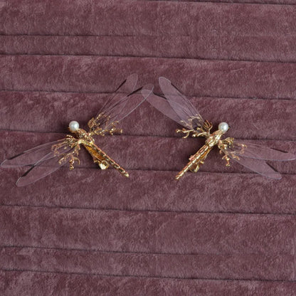 Golden dragonfly side clip headdress with detailed insect design and electroplated alloy construction