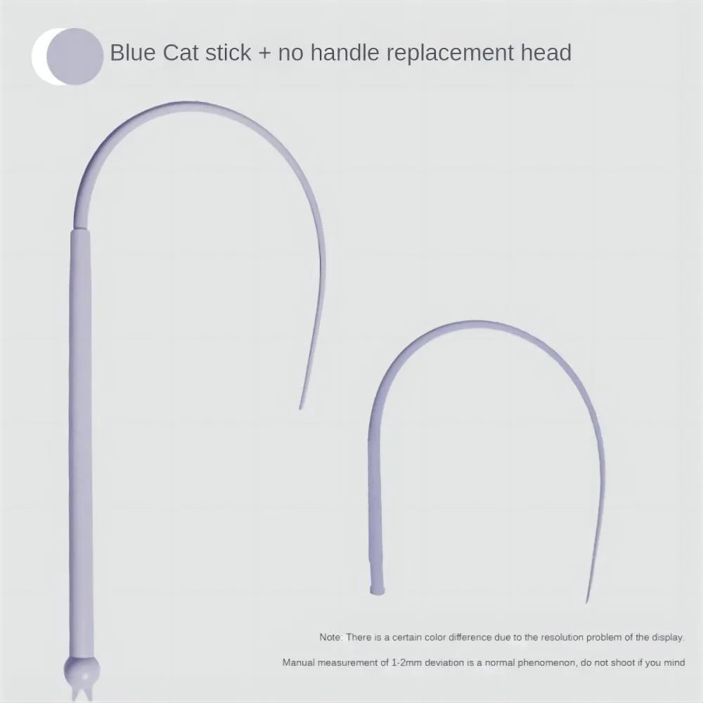 Blue simulated mouse tail cat toy with silicone tail and cat head design on a stick.