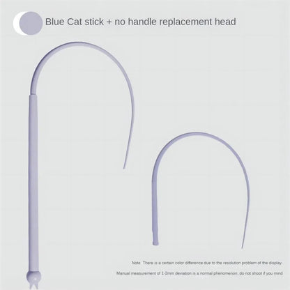 Blue simulated mouse tail cat toy with silicone tail and cat head design on a stick.