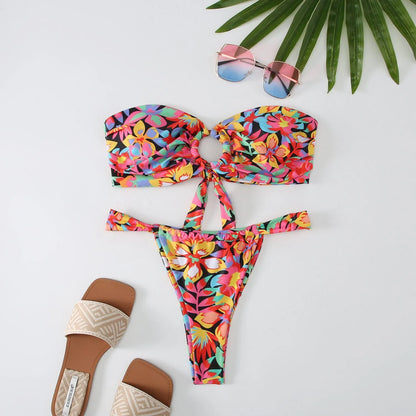 Women's floral print tube top ring bikini swimsuit with high elasticity for swimming and fitness activities