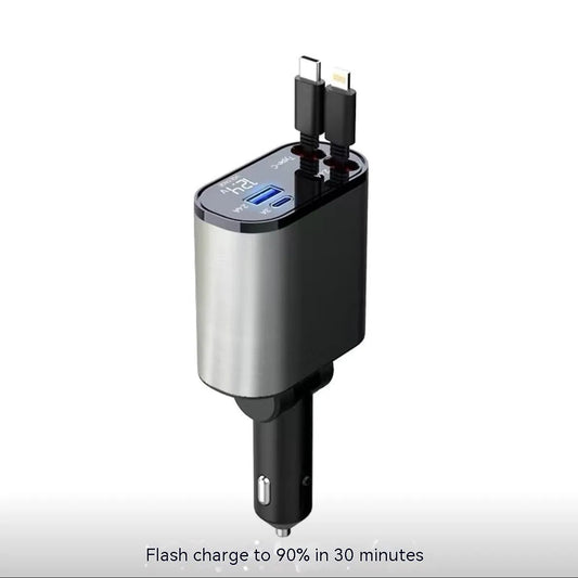 Automatic retractable car charger with 120W output and USB ports for fast charging in vehicles