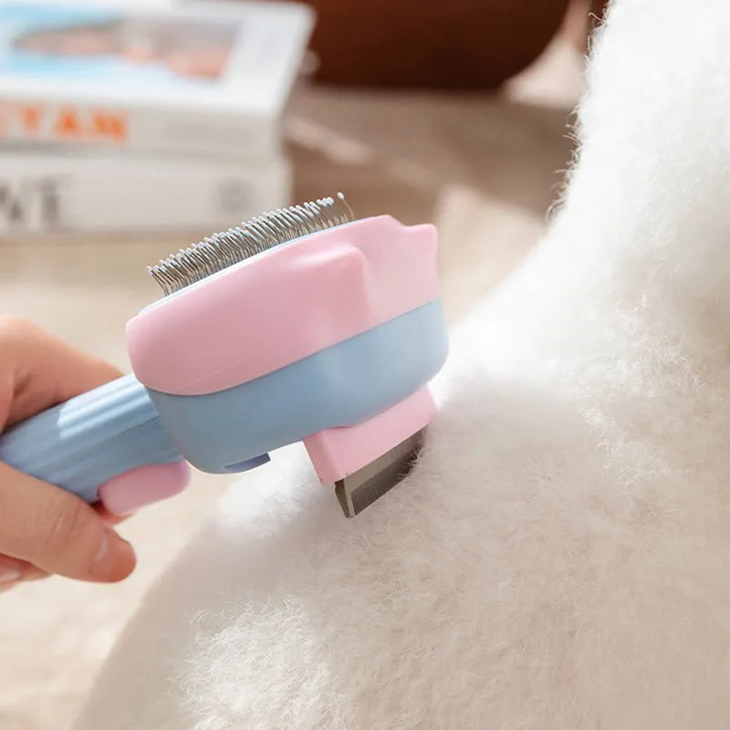 Blue pet grooming brush with deshedding teeth and dematting comb for dogs and cats