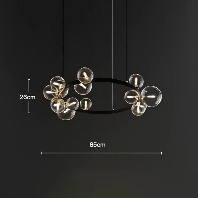 Glass ball chandelier with iron frame in spherical design, showing LED lighting and push-button switch