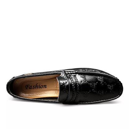 Men's black plus size authentic leather driving loafers with rubber sole