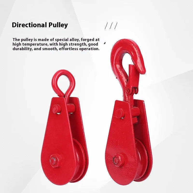 Red lifting pulley with safety latch, forged from A3 steel for industrial use with up to 5000kg load capacity.