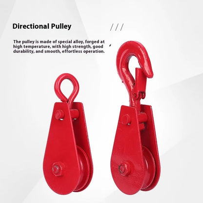 Red lifting pulley with safety latch, forged from A3 steel for industrial use with up to 5000kg load capacity.