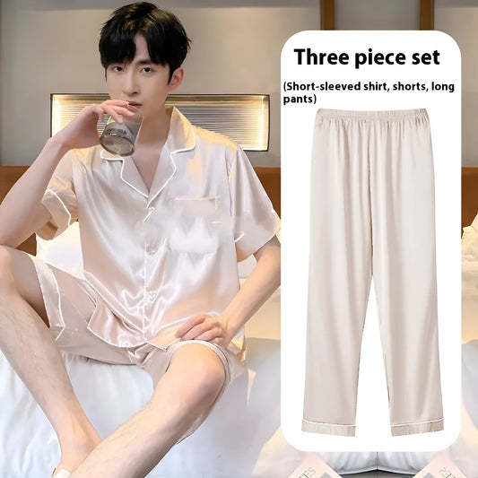 Men's black ice silk three-piece home wear set featuring a loose-fitting top with matching trousers and shorts.