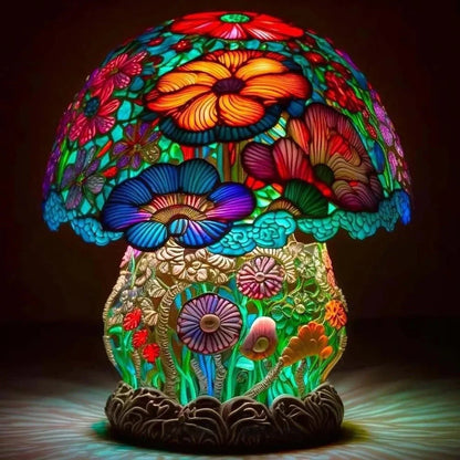 Coloured glass desk lamp with mushroom theme, 15-20cm height, plastic base