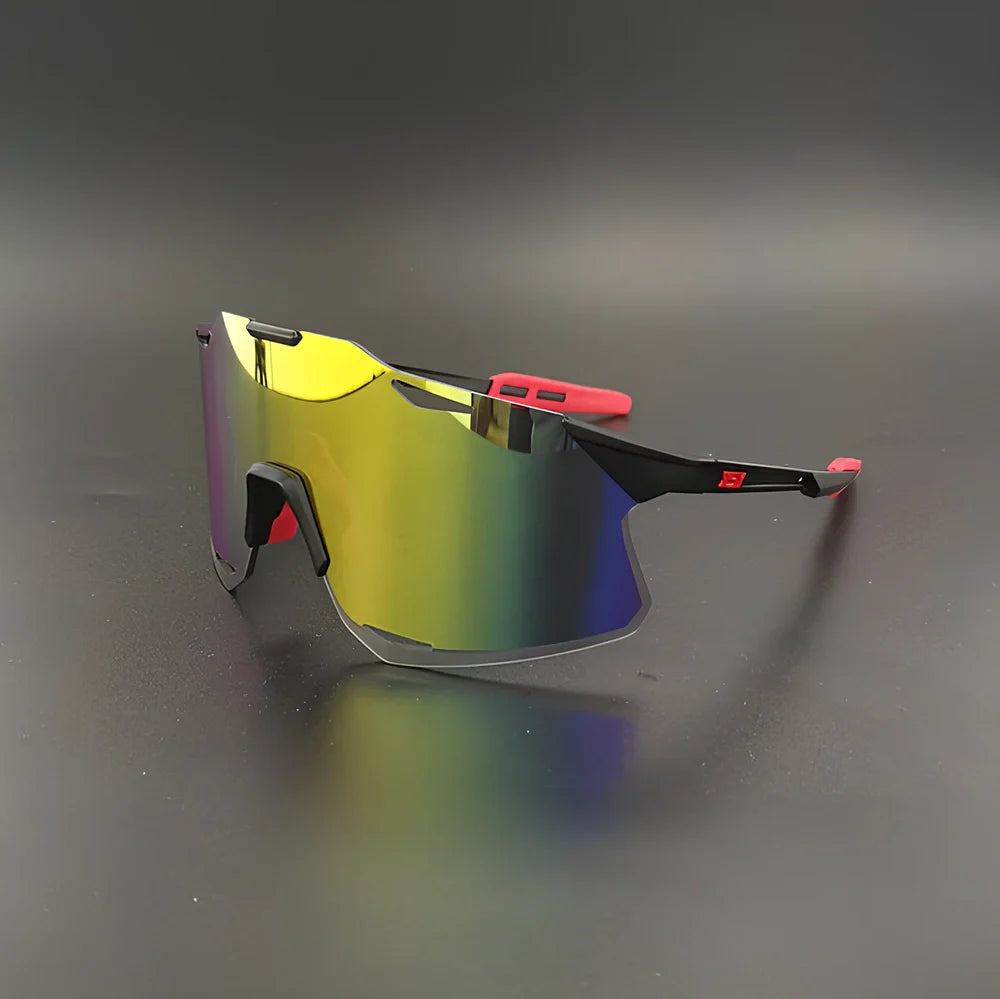 Cycling glasses with interchangeable lenses showing UV400 protection and lightweight frame design