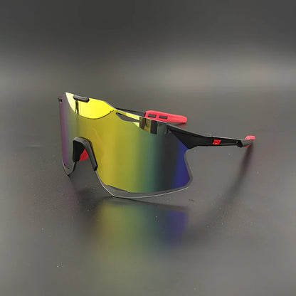 Cycling glasses with interchangeable lenses showing UV400 protection and lightweight frame design