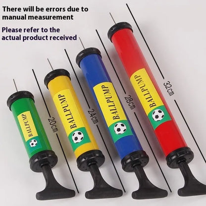 Manual plastic pump for inflating sports balls and balloons, shown in mixed colours with length options from 20-32cm