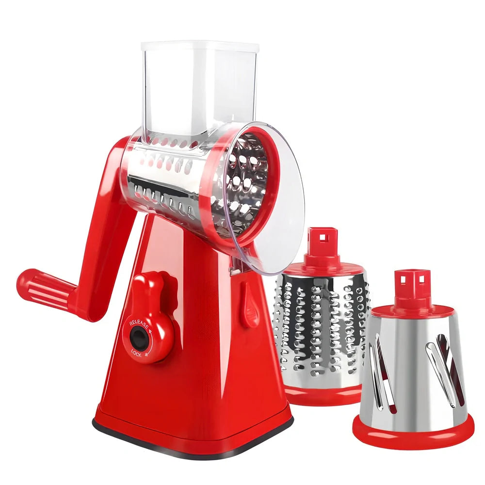 White plastic hand drum vegetable cutter slicer showing drum mechanism for even 0.5 cm vegetable slices, compact 20 cm size