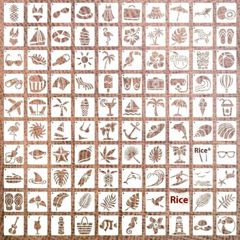 Milky white PET film spray painting stencil sheets with hollow-cut animal, floral, letter, and mandala designs.