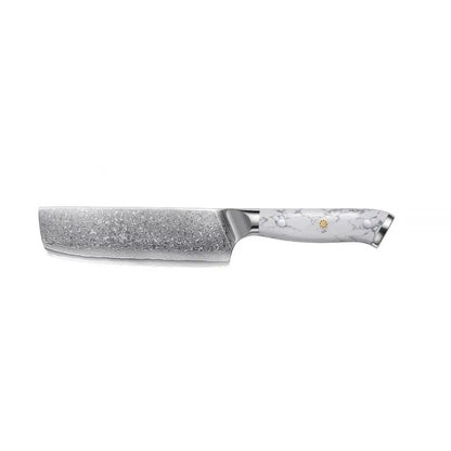 Damascus pattern chef's knife with a 21cm blade and dark handle on a wooden cutting board.