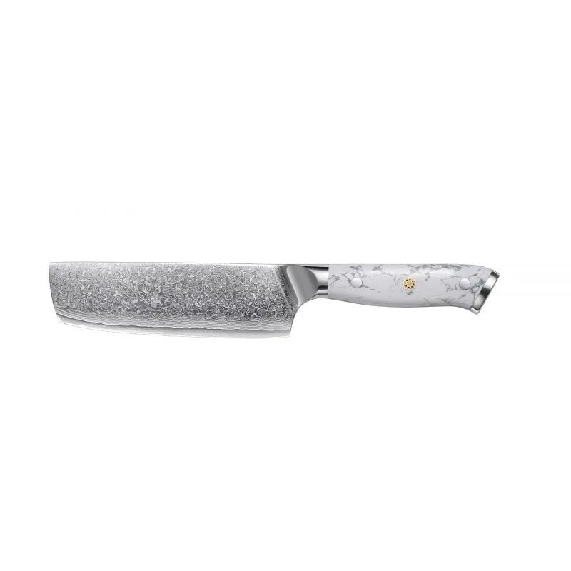 Damascus pattern chef's knife with Pakkawood handle on a wooden cutting board, blade length 21cm.