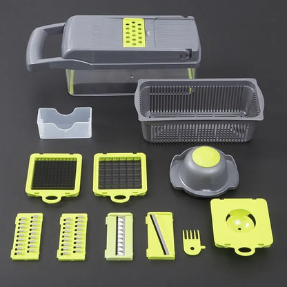 Multifunctional vegetable cutter with seven stainless steel blades on a food-grade plastic body.