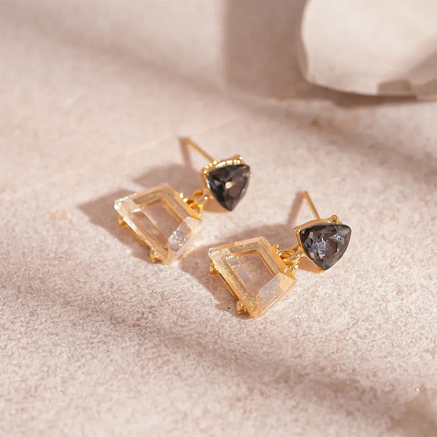 Geometric stud earrings for women in alloy with electroplated gold tone and steel needle, shown in four colour options.