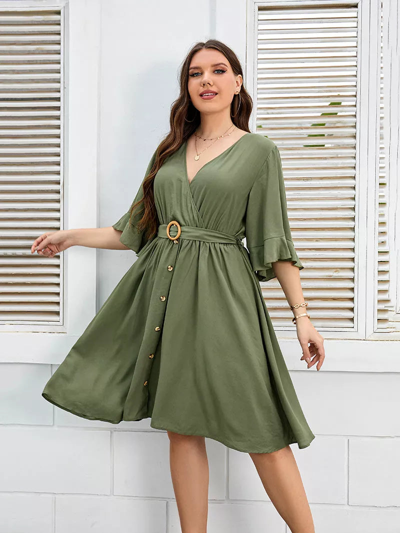 Plus size green V-neck party skirt with ruffle sleeves for women