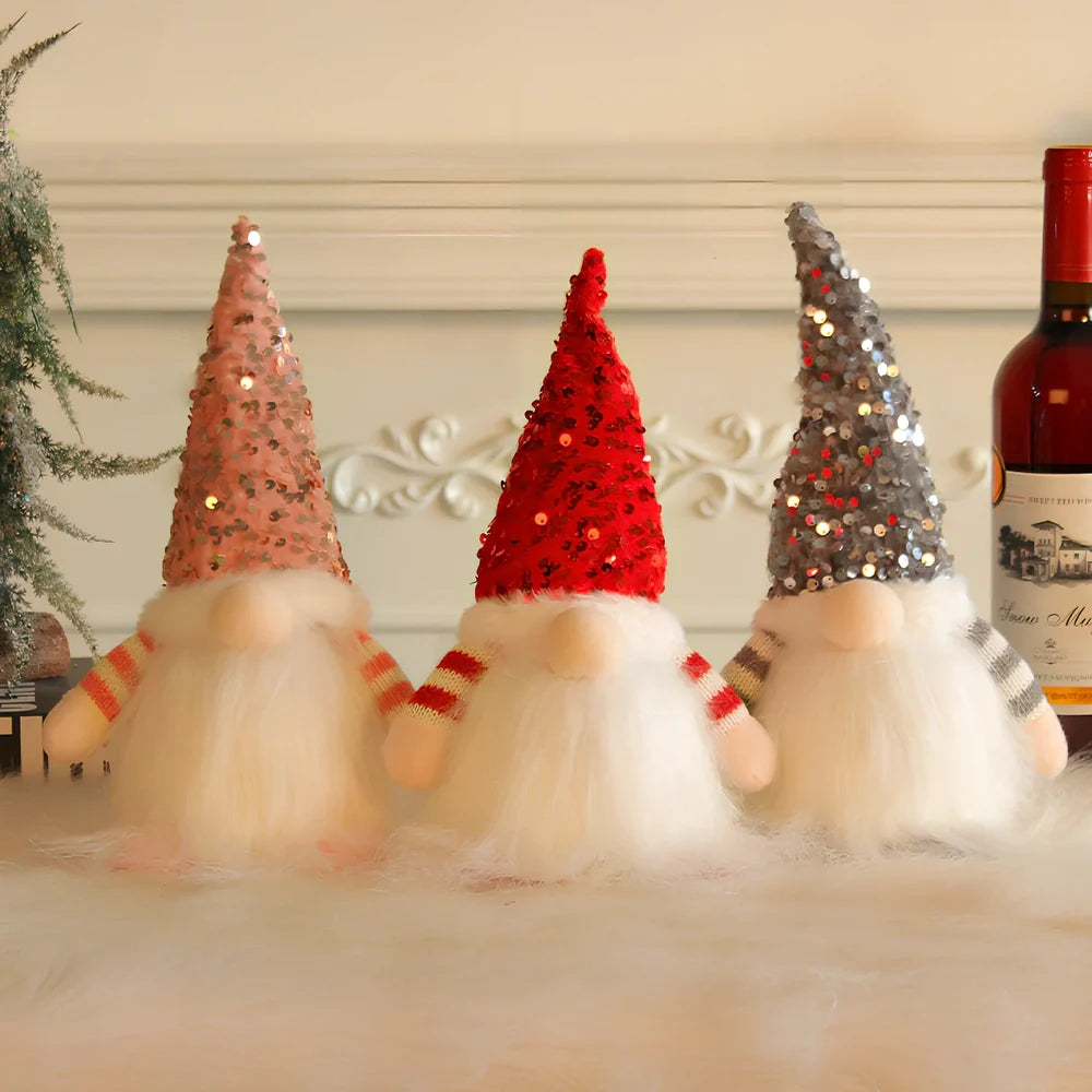 Glowing faceless doll ornament in red sequin cap, 10x10x30cm European style with cloth and plastic materials