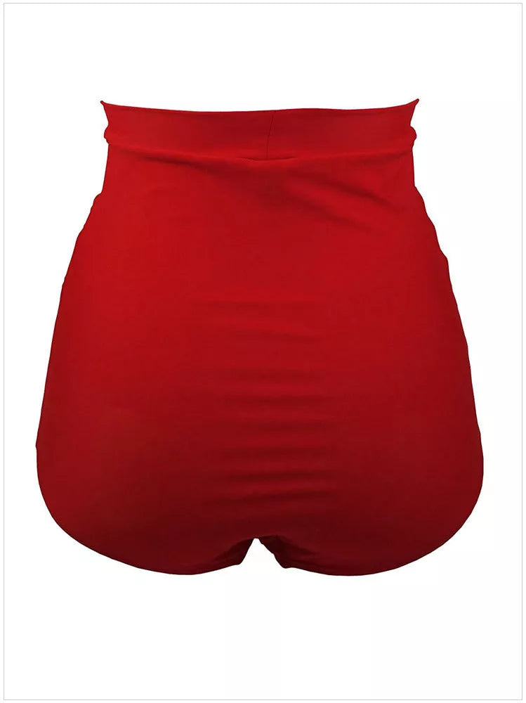 Women's high waist bikini bottom with adjustable briefs in black, red, or white