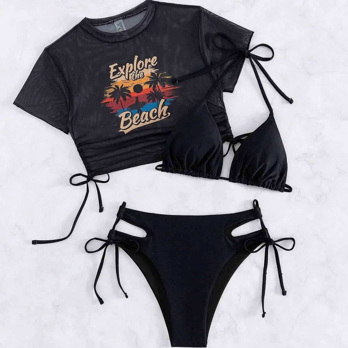 Three-piece women's bikini swimsuit set with short sleeves in black, white, pink, or orange red.